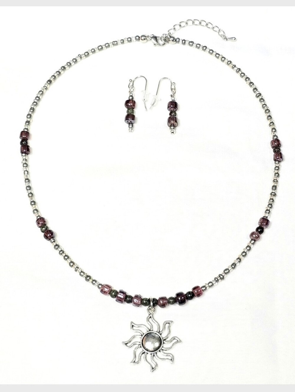 Bohemian Plum Glass Beaded & African Green Turquoise Jewelry Set, Sun Pendant